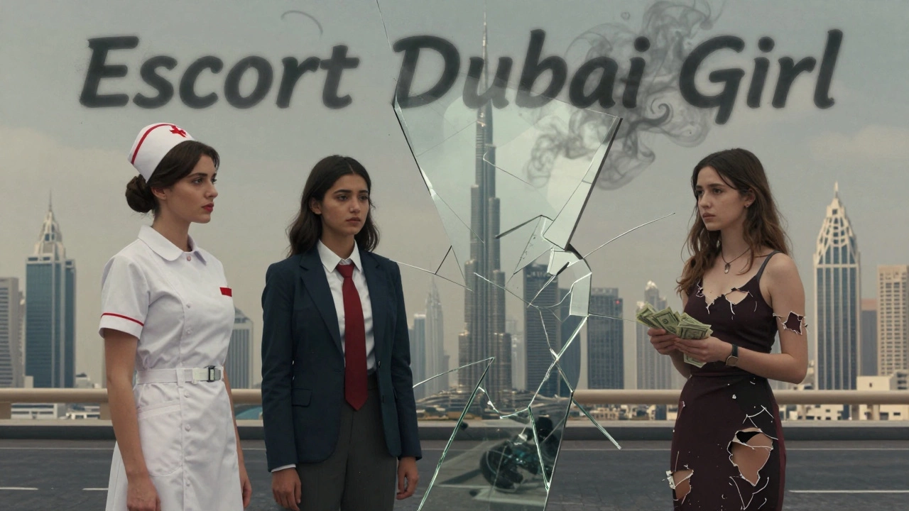 A fractured mirror reflects a woman&#039;s multiple identities—nurse, student, and stranger—against Dubai&#039;s skyline.