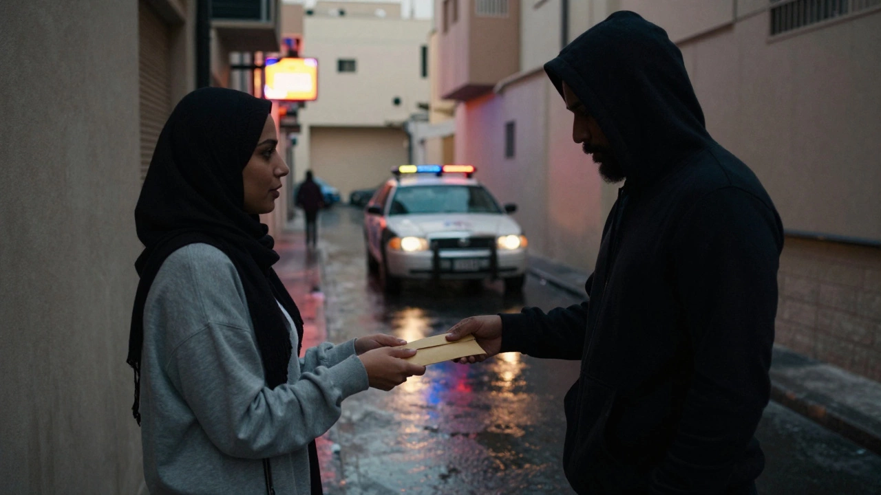 A secretive handoff occurs in a Dubai alley at dusk, figures partially hidden, police car visible in distance.